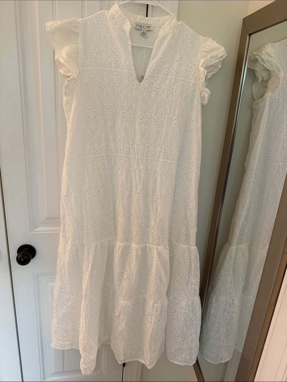 She + Sky White Eyelet V-Neck Midi Dress